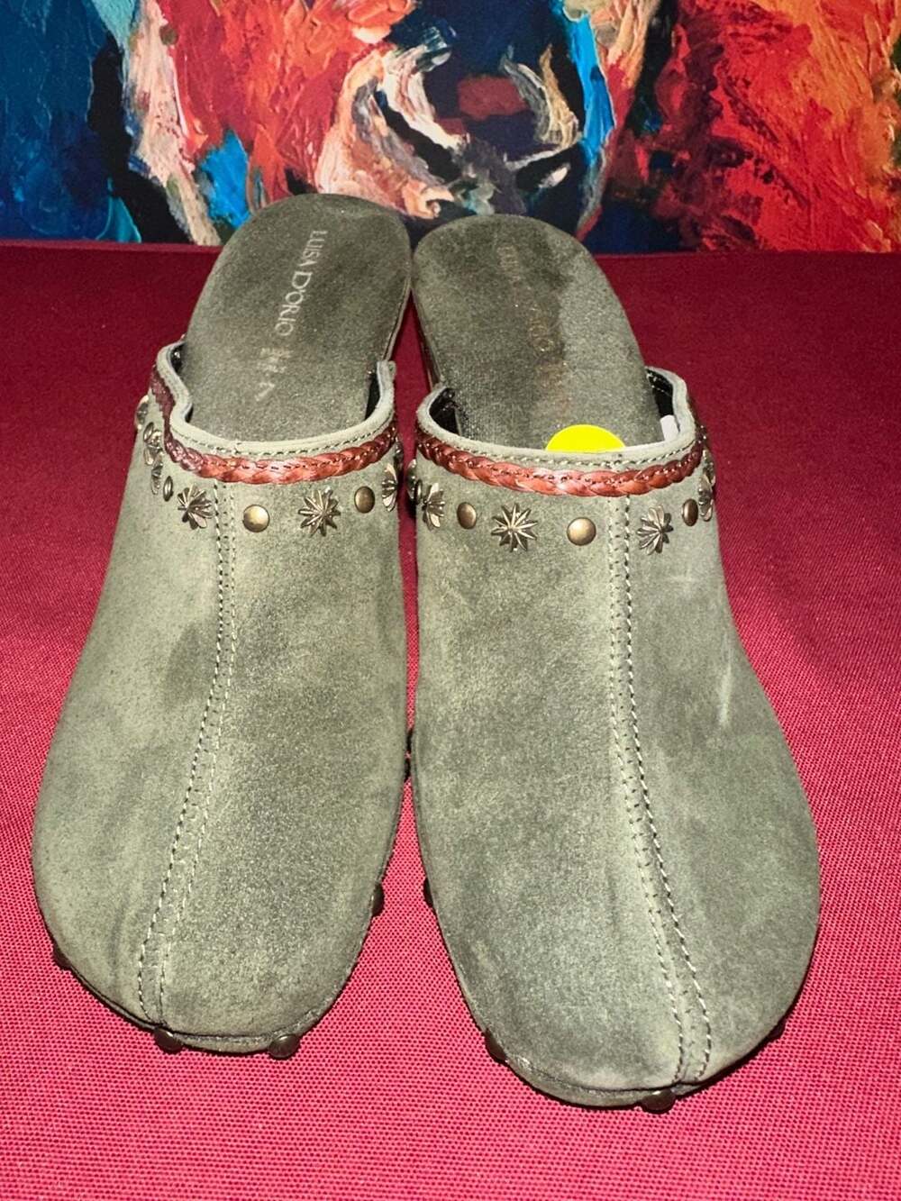 No.12 Lisa Dorio green suede studded clogs with braided trim and block heel